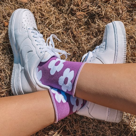 Retro Purple Flower Power Socks - Picture 3 of 5